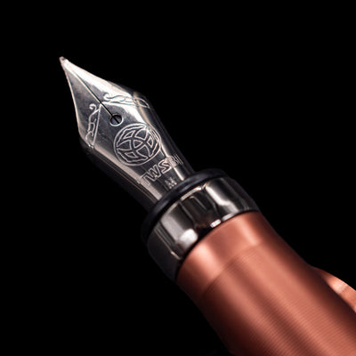 A macro shot of the nib with its intricate detailing and logo engraving for the TWSBI Diamond 580ALR Affogato & Onyx Fountain Pen - Preowned.