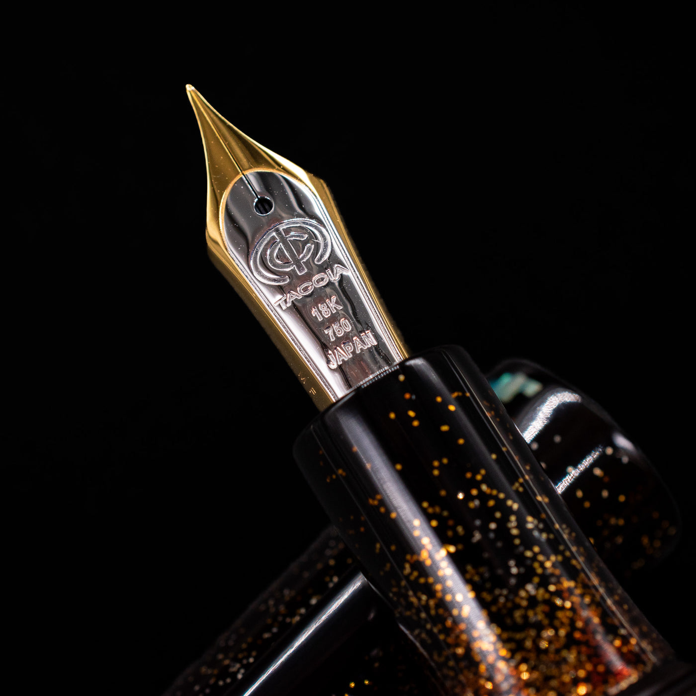 A macro shot of the nib with its intricate detailing and logo engraving for the Taccia Miyabi Bon Bori Aurora Glimmer Fountain Pen.