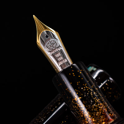 A macro shot of the nib with its intricate detailing and logo engraving for the Taccia Miyabi Bon Bori Aurora Glimmer Fountain Pen.