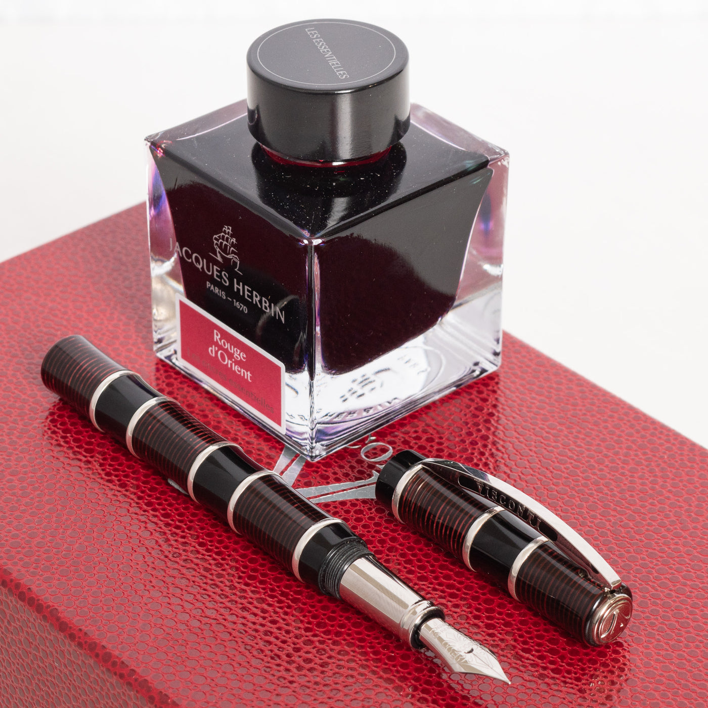 Visconti Asia Bamboo Red Celluloid Fountain Pen Stacked
