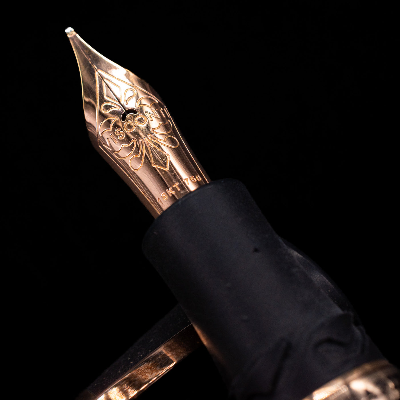 A macro shot of the nib with its intricate detailing and logo engraving for the Visconti Homo Sapiens Bronze Age Fountain Pen - Architect Nib.