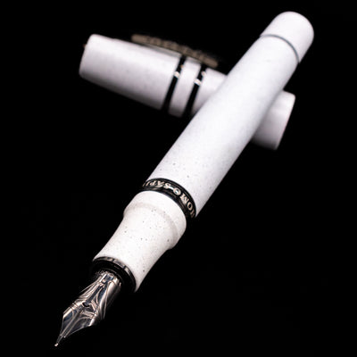 Visconti Homo Sapiens Fountain Pen - Blizzard White laying across its own cap, crossed, with a focus on the nib.