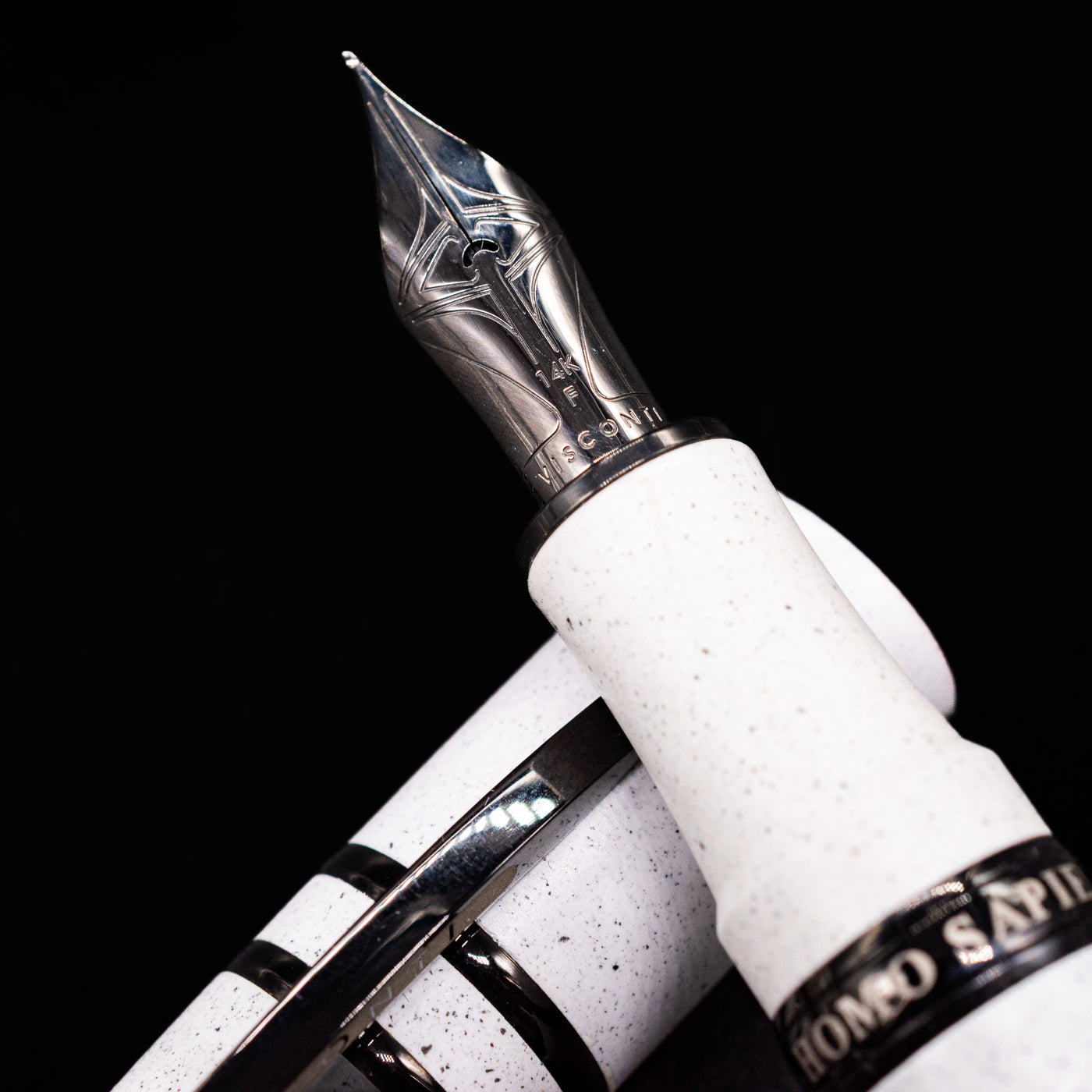  A macro shot of the nib with its intricate detailing and logo engraving for the Visconti Homo Sapiens Fountain Pen - Blizzard White.
