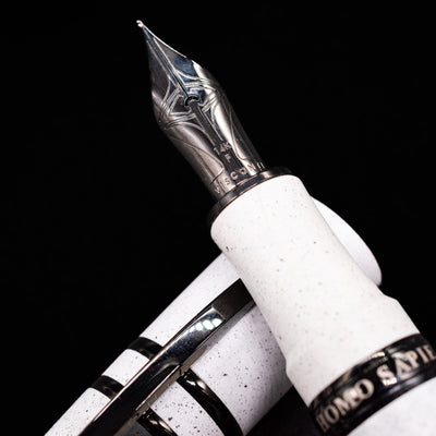  A macro shot of the nib with its intricate detailing and logo engraving for the Visconti Homo Sapiens Fountain Pen - Blizzard White.