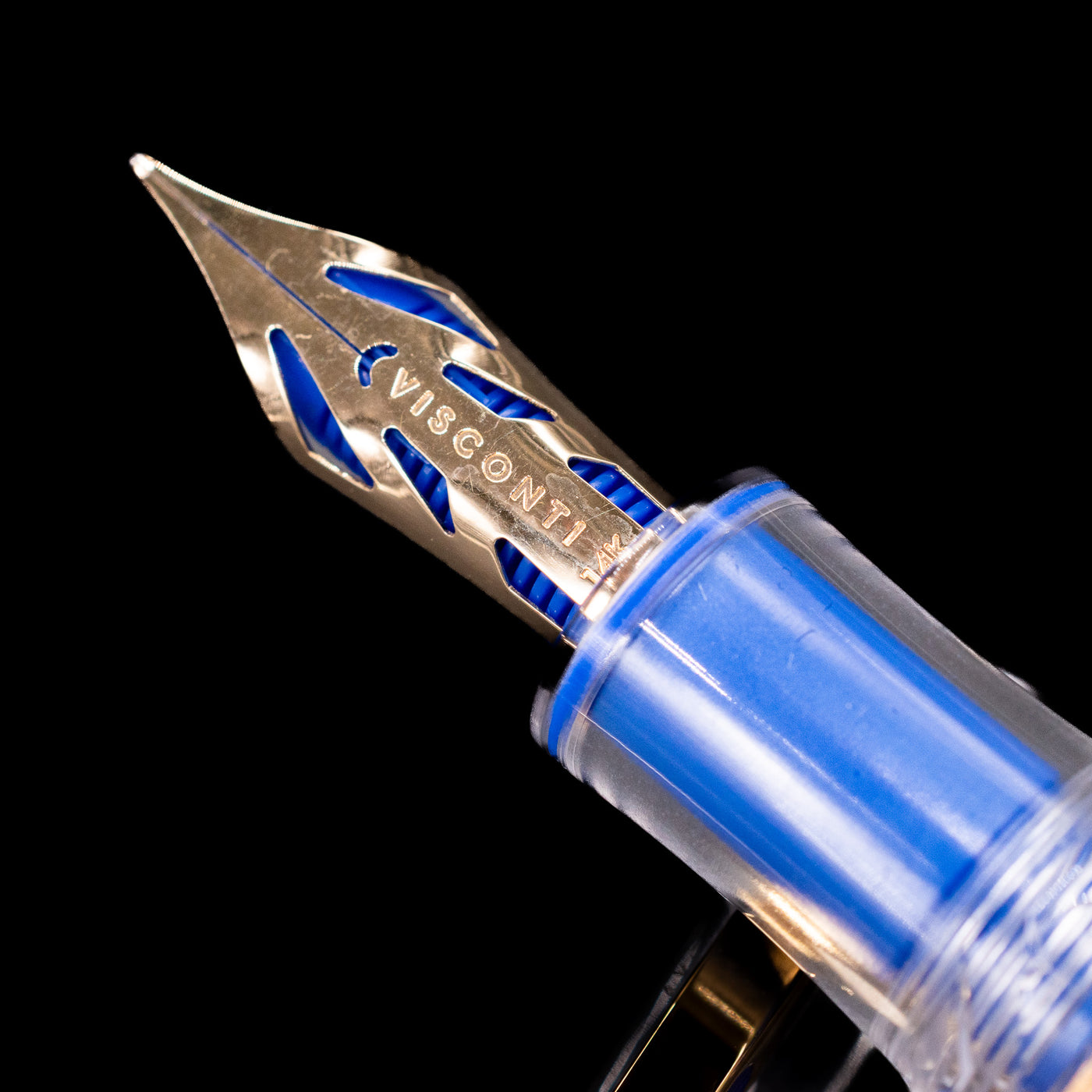 Detailed macro image of the nib, highlighting engravings and craftsmanship of the Visconti Homo Sapiens Full Demo fountain pen.