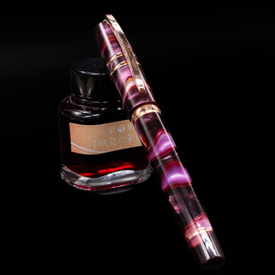 Visconti Homo Sapiens Iris Garden Fountain Pen capped, leaning against an ink bottle. 