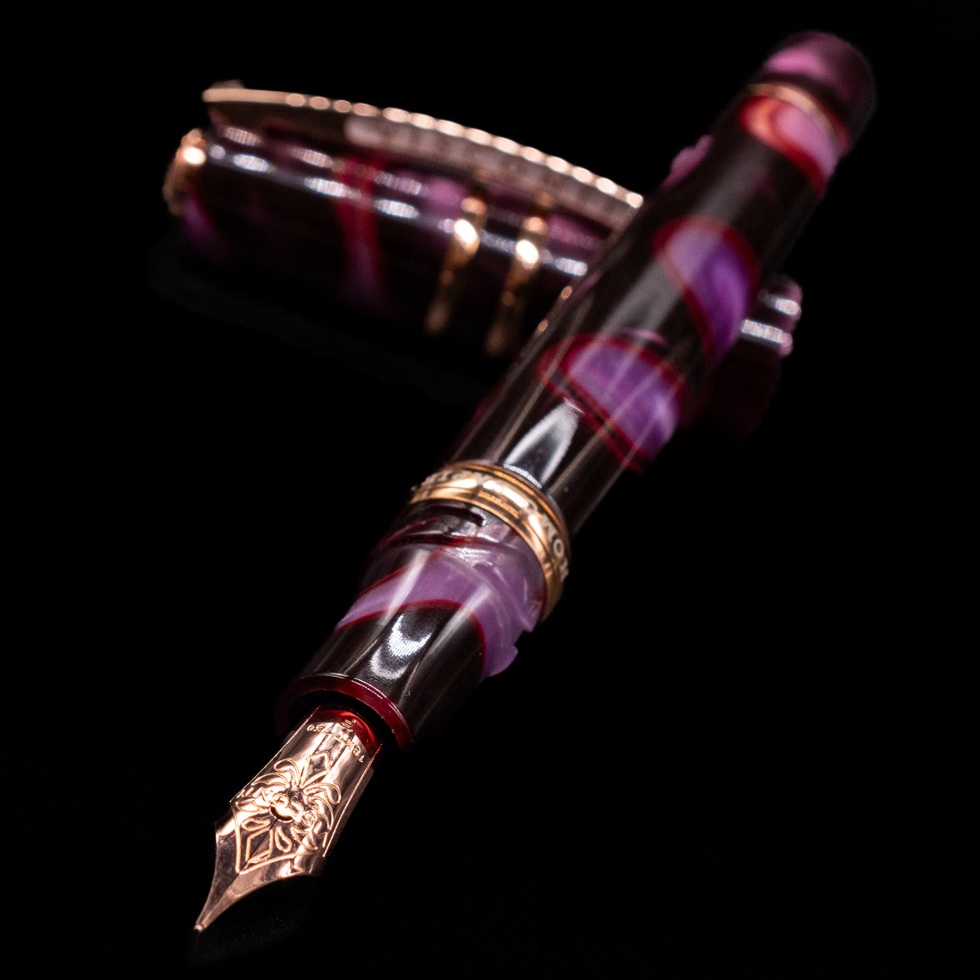 Visconti Homo Sapiens Iris Garden Fountain Pen laying across its own cap, crossed, with a focus on the nib.