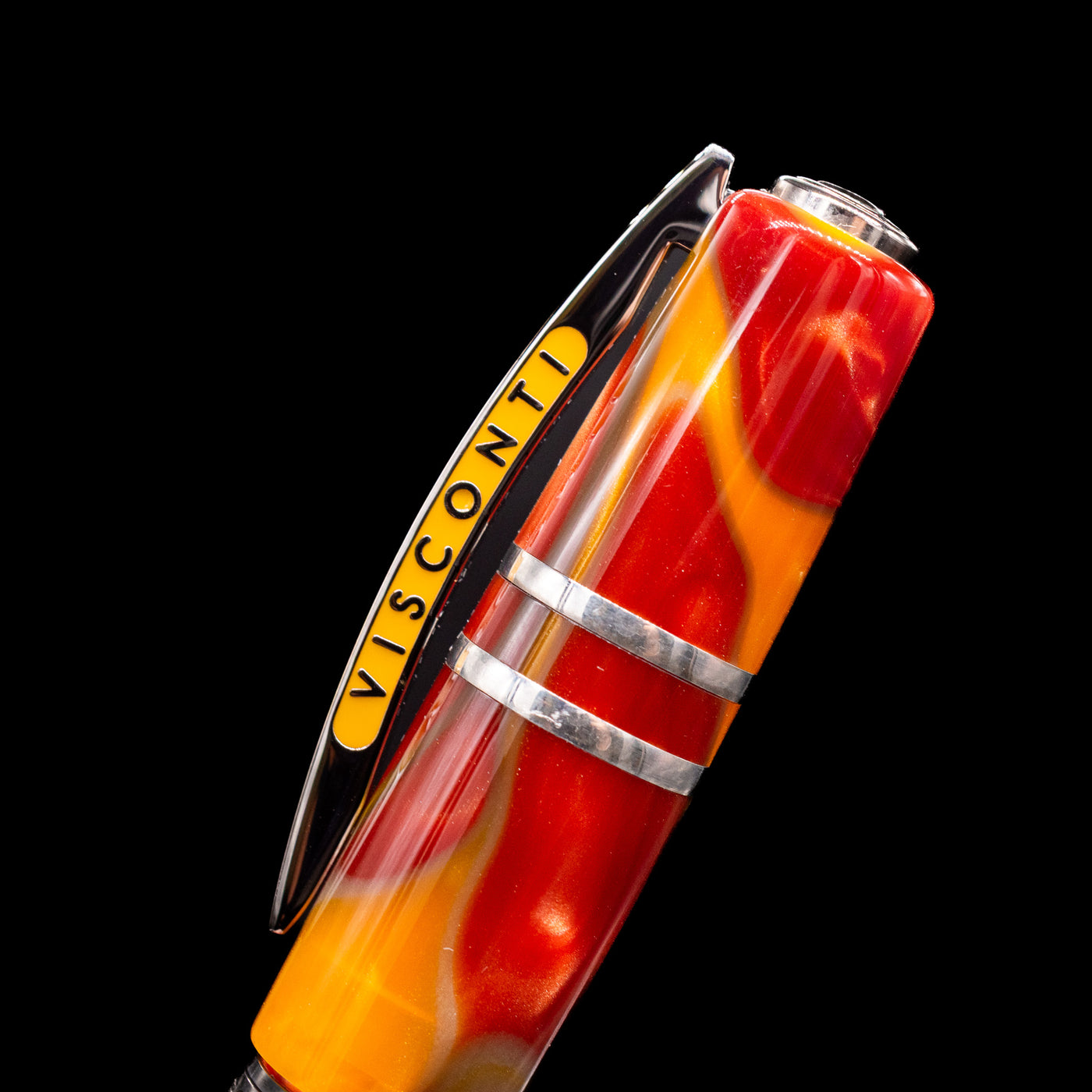 A close up of the bridge-like clip with the name of the brand on the Visconti Homo Sapiens Limited Edition Fountain Pen - Arizona Sunset.