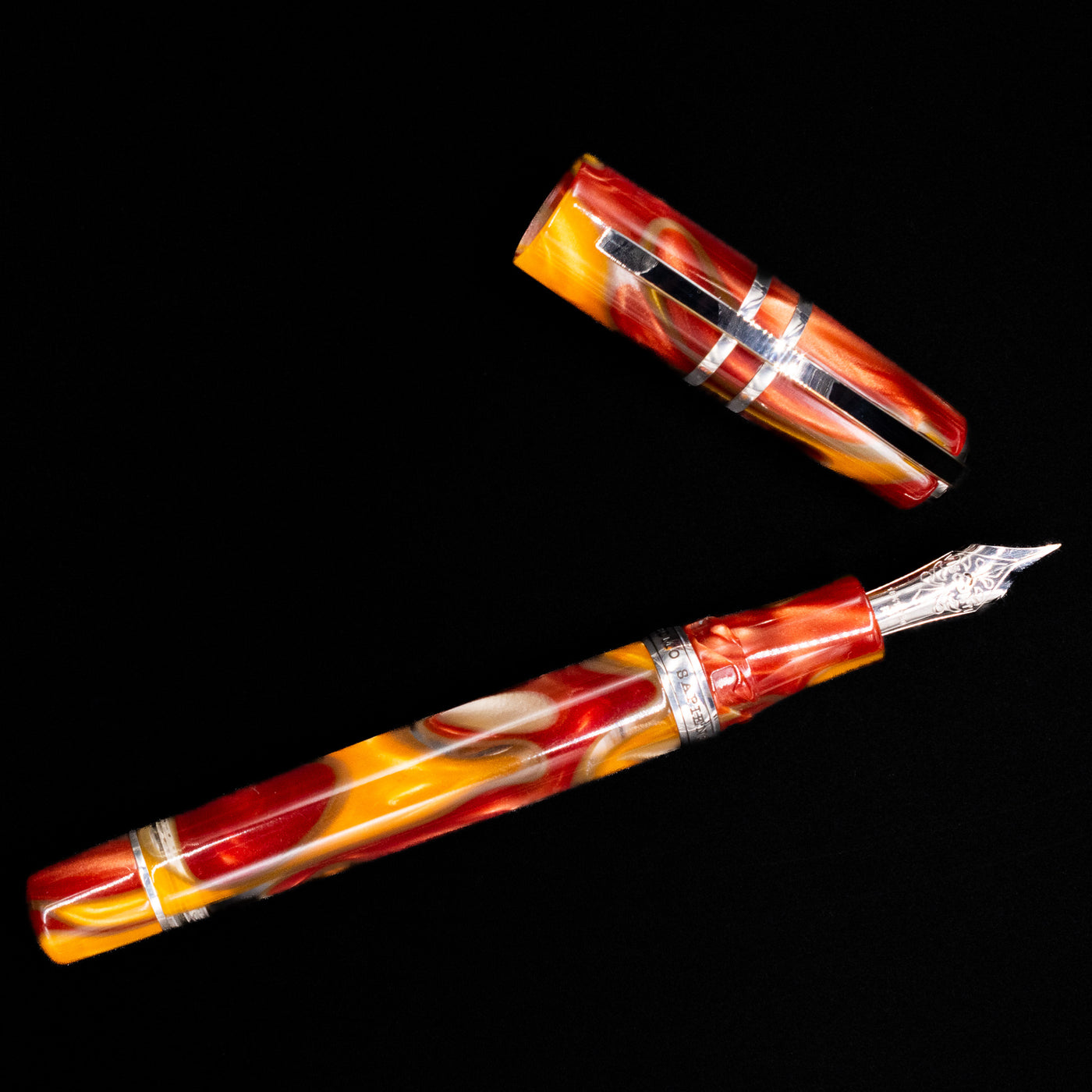 An overhead view of the Visconti Homo Sapiens Limited Edition Fountain Pen - Arizona Sunset uncapped.