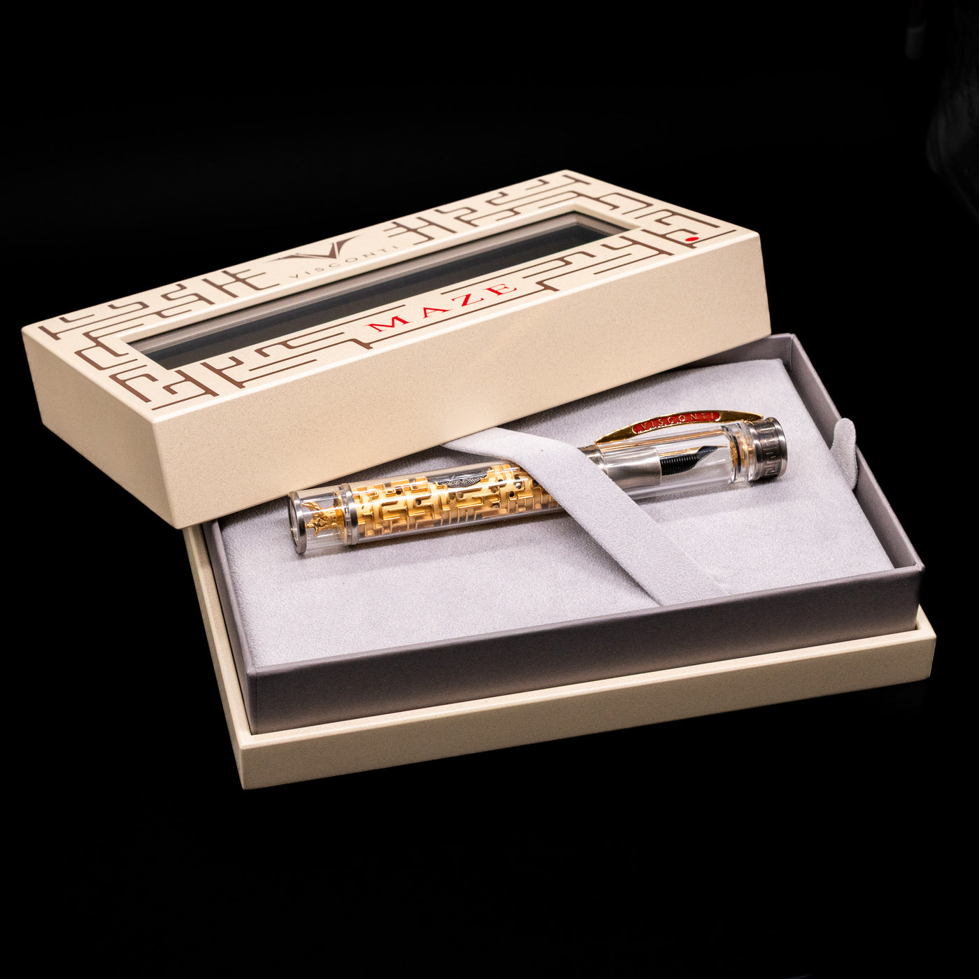 The inside of the box shown opened on the Visconti Limited Edition Fountain Pen - Maze.