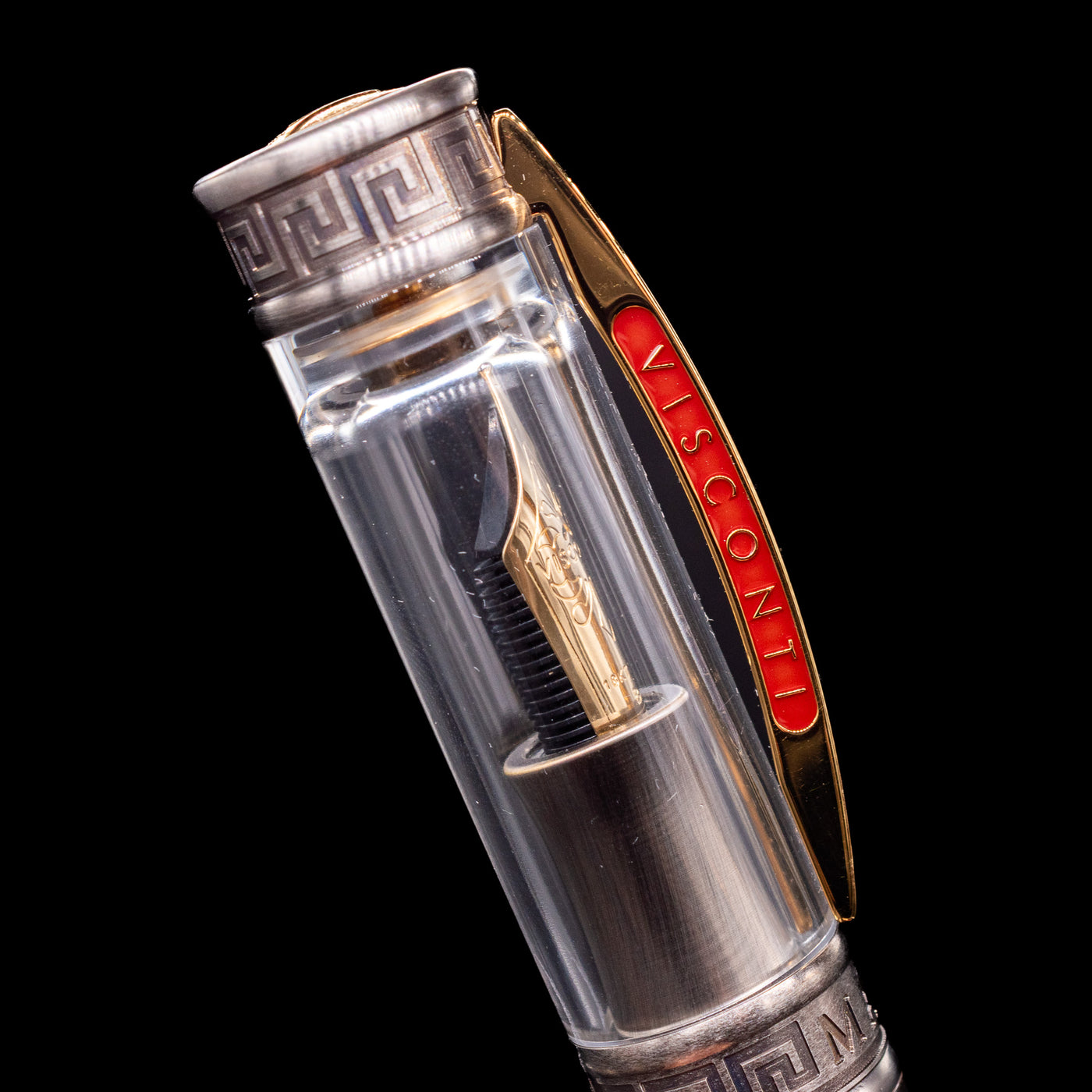 Zoomed-in view of the cap with the bridge-like clip on the Visconti Limited Edition Fountain Pen - Maze.