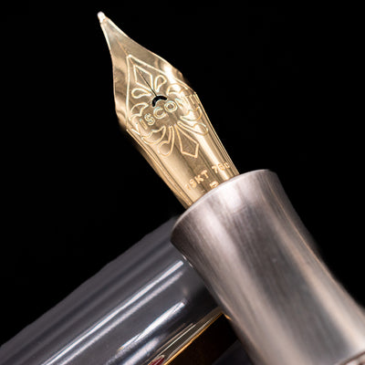 A macro shot of the nib with its intricate detailing and logo engraving for the Visconti Limited Edition Fountain Pen - Maze.