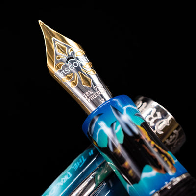 A macro shot of the nib with its intricate detailing and logo engraving for the Visconti Mazzi Dragon Limited Edition Fountain Pen.