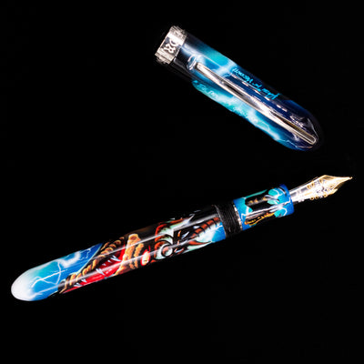 An overhead view of the Visconti Mazzi Dragon Limited Edition Fountain Pen uncapped. 