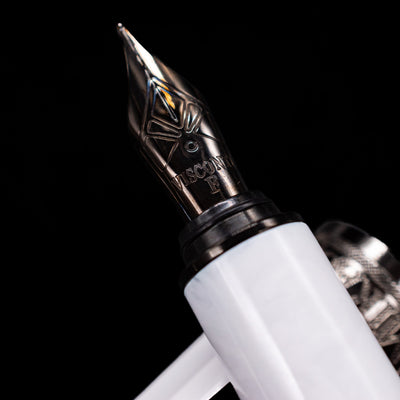 A macro shot of the nib with its intricate detailing and logo engraving for the Visconti Mirage Athena Fountain Pen - Preowned.