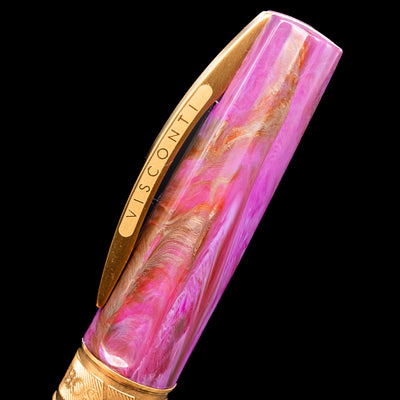 Close-up view of the cap and its bridge-like clip with the Visconti logo on the Visconti Mirage Mythos Fountain Pen - Aphrodite.