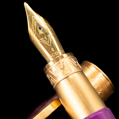 A macro shot of the nib with its intricate detailing and Visconti logo engraving for the Visconti Mirage Mythos Fountain Pen - Aphrodite.