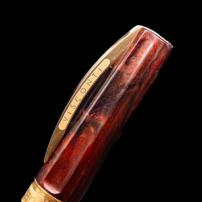Close-up view of the cap and its bridge-like clip with the Visconti logo on the Visconti Mirage Mythos Fountain Pen - Apollo.