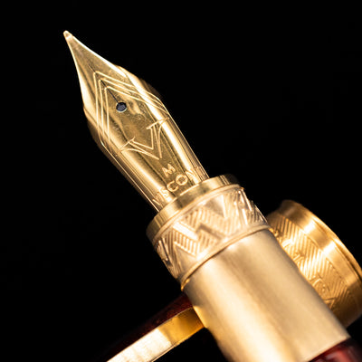 A macro shot of the nib with its intricate detailing and Visconti logo engraving for the Visconti Mirage Mythos Fountain Pen - Apollo.
