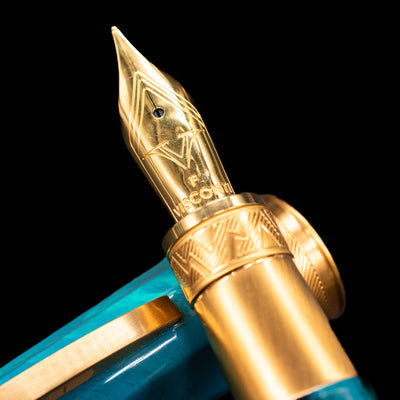 A macro shot of the 18k nib with its intricate detailing and Visconti logo engraving for the Visconti Mirage Mythos Fountain Pen - Athena.
