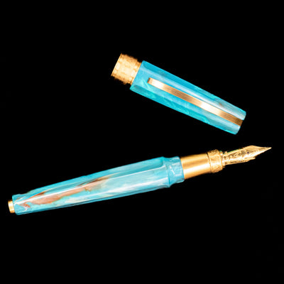 An overhead view of the Visconti Mirage Mythos Fountain Pen - Athena uncapped.