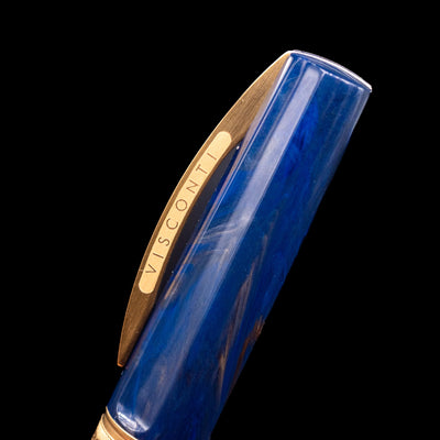 Close-up view of the cap and its bridge-like clip with the Visconti logo on the Visconti Mirage Mythos Fountain Pen - Zeus.