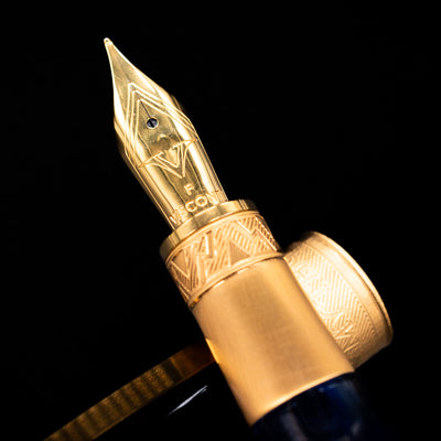 A macro shot of the nib with its intricate detailing and Visconti logo engraving for the Visconti Mirage Mythos Fountain Pen - Zeus