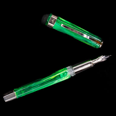 An overhead view of the Visconti Opera Carousel Fountain Pen - Green Mint uncapped.