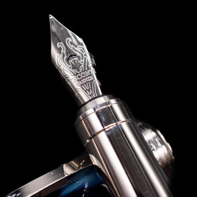 A macro shot of the nib with its intricate detailing and logo engraving for the Visconti Rembrandt Blue Fountain Pen - Preowned.