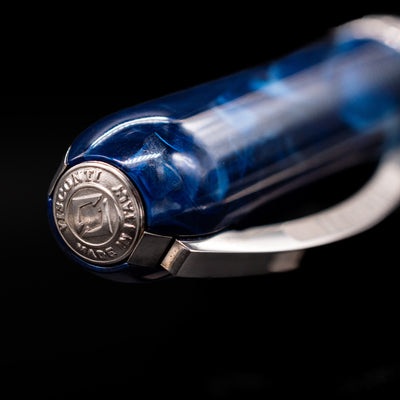  Zoomed-in view of the top of the cap with the finial on the Visconti Rembrandt Blue Fountain Pen - Preowned.