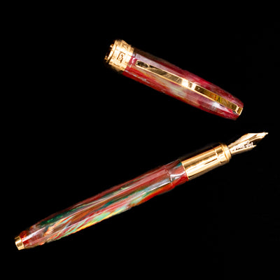 An overhead view of the Visconti Van Gogh Fountain Pen - Flowering Plum Orchard uncapped.