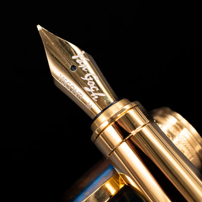 A macro shot of the nib with its intricate detailing and Visconti logo engraving for the Visconti Van Gogh Fountain Pen - Oiran.