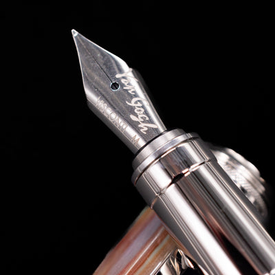 A macro shot of the nib with its intricate detailing and Visconti logo engraving for the Visconti Van Gogh Fountain Pen - Self Portrait.