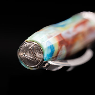 Zoomed-in view of the top of the cap with the Visconti finial on the Visconti Van Gogh Fountain Pen - Self Portrait.