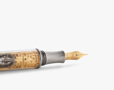 Angle view highlighting aged palladium trim and gold-plated clip of Maze pen.
