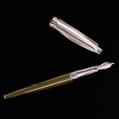 Disassembled view of Caran d'Ache Leman Terre d'Ombre Fountain Pen showing full pen and cap