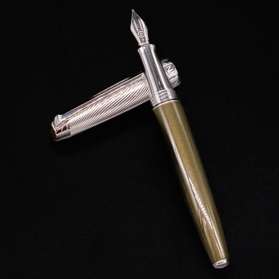 Overhead view of Caran d'Ache Leman Terre d'Ombre Fountain Pen with cap off on black background