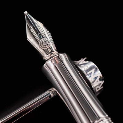 Closeup of the 18k rhodium-coated nib on Léman V2 Matte Black