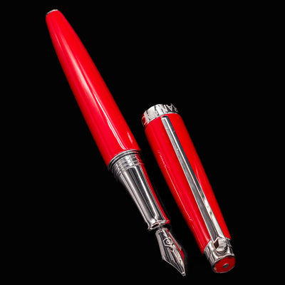 Caran d’Ache Léman V2 Scarlet barrel and cap side by side, nib forward