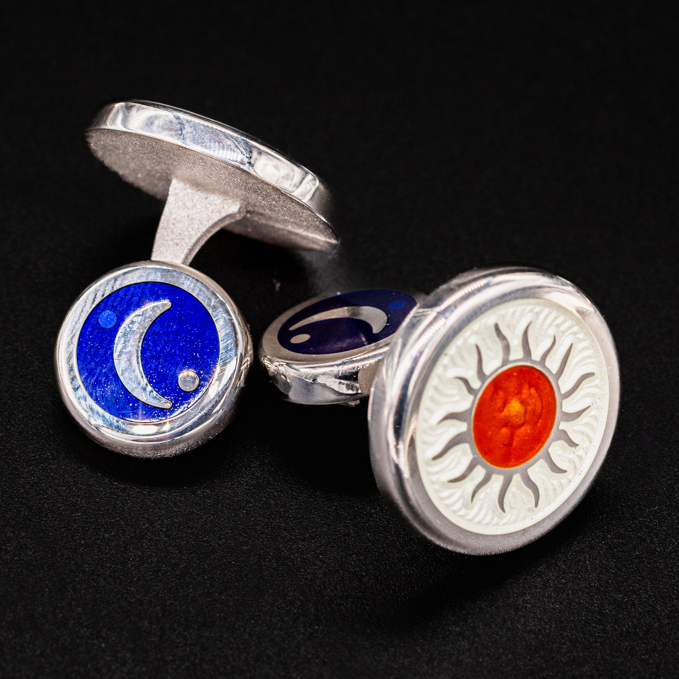 David Oscarson Celestial Cufflinks showing both sun and moon designs together