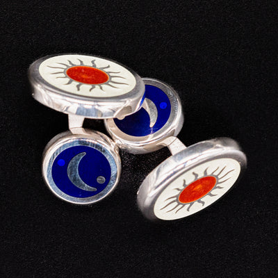 Stacked view of David Oscarson Celestial Cufflinks showing both sun and moon sides