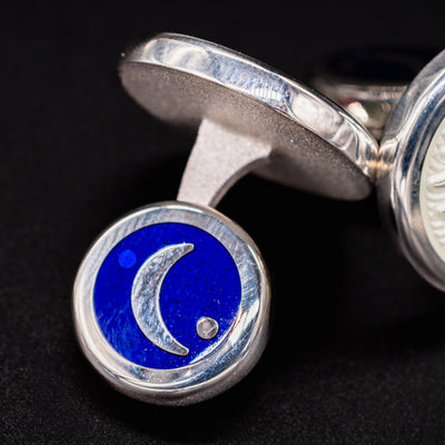 Detailed macro image of midnight blue crescent moon on David Oscarson Celestial Cufflinks