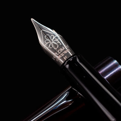 Closeup of the stainless steel nib on the Diplomat Traveller Flame fountain pen