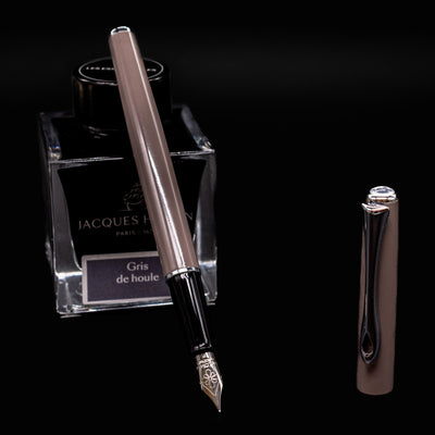 Full angled view of the Diplomat Traveller Taupe Grey pen showing soft grey finish and slim profile