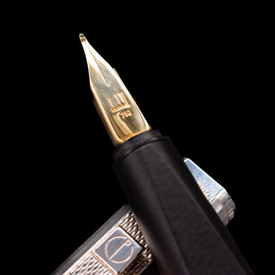 Macro close-up of 18k gold nib on Dunhill Gemline Classic Dress Sterling Silver Fountain Pen