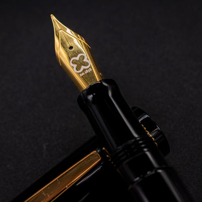 Closeup of Esterbrook Camden Black & Gold gold plated stainless steel nib - smooth writing nib