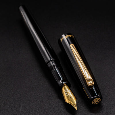 Overhead closeup of Esterbrook Camden Black & Gold nib - luxury fountain pen craftsmanship