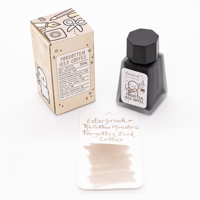 Esterbrook x TheCoffeeMonsterzCo Forgotten Iced Coffee Ink Bottle with swatch card and illustrated packaging, 30ml bottle.