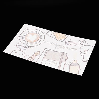 Flatlay of Esterbrook x TheCoffeeMonsterzCo "Keep Creating" blotter paper featuring cute coffee-themed illustrations and stationery items.