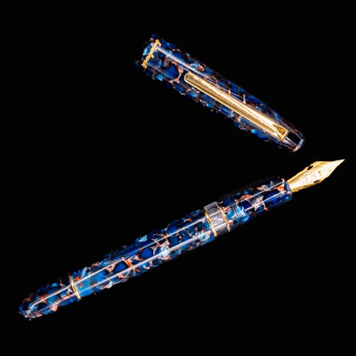 Full-length shot of Esterbrook Estie Nouveau Bleu fountain pen with cap removed and pen open